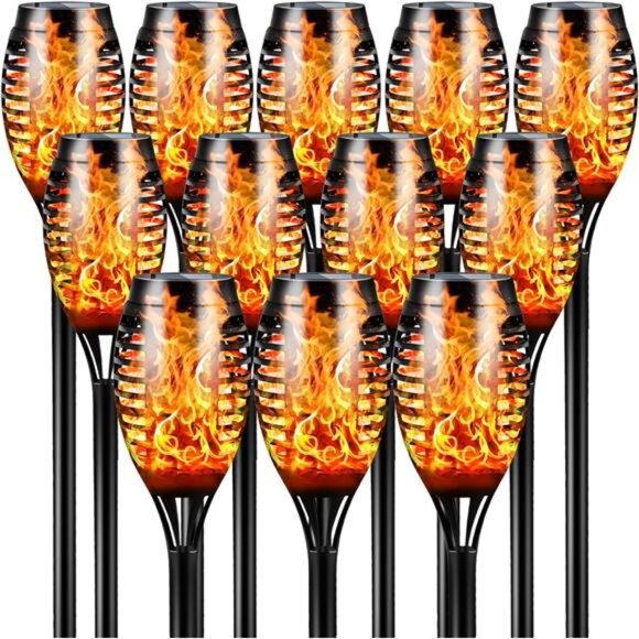 Solar Torch Lights with Flickering Flame, 12 Packs 12LED Tiki Torch Solar Lights